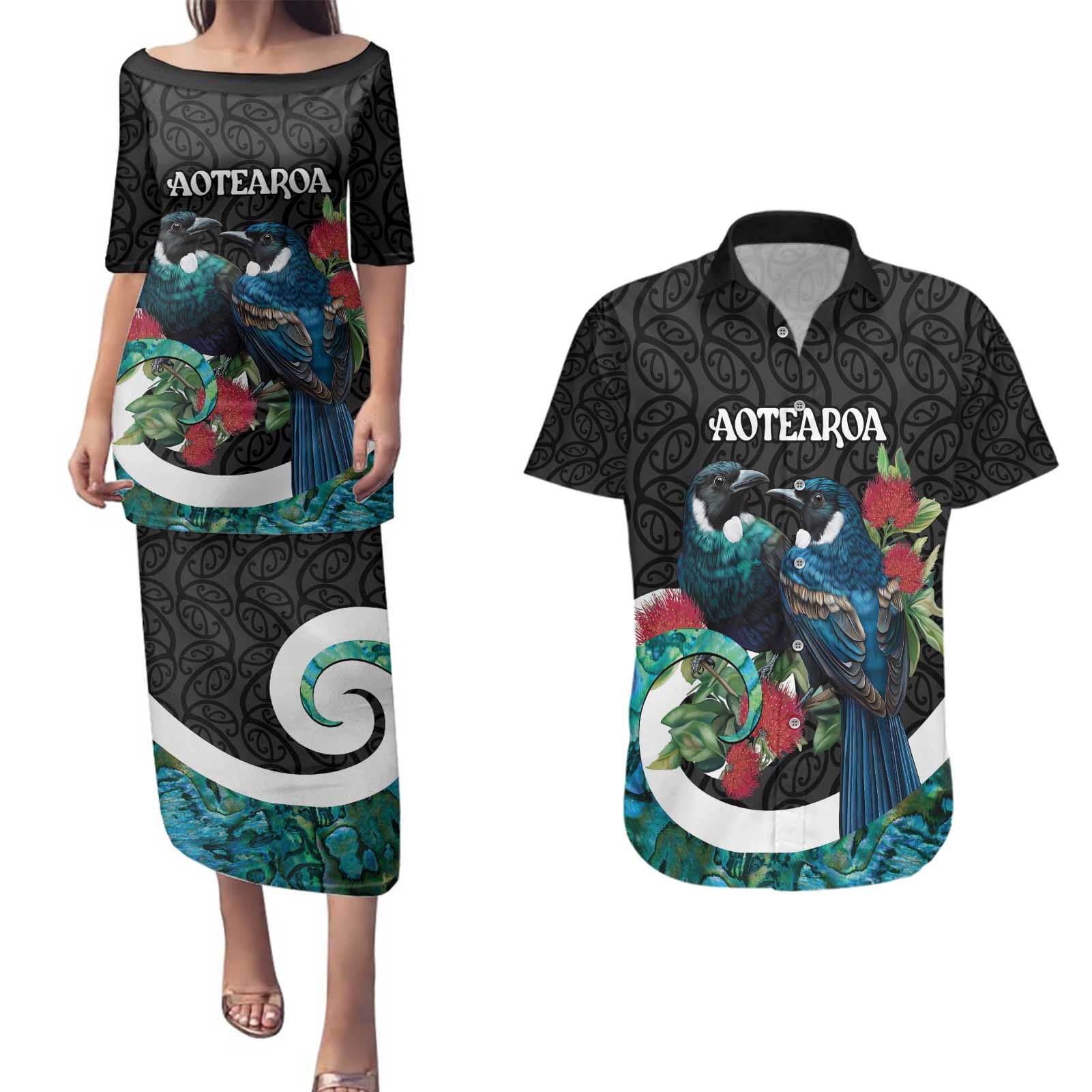 Personalised Valentine's Day New Zealand Couples Matching Puletasi and Hawaiian Shirt Tui Bird Couple Kowhaiwhai Mix Pohutukawa