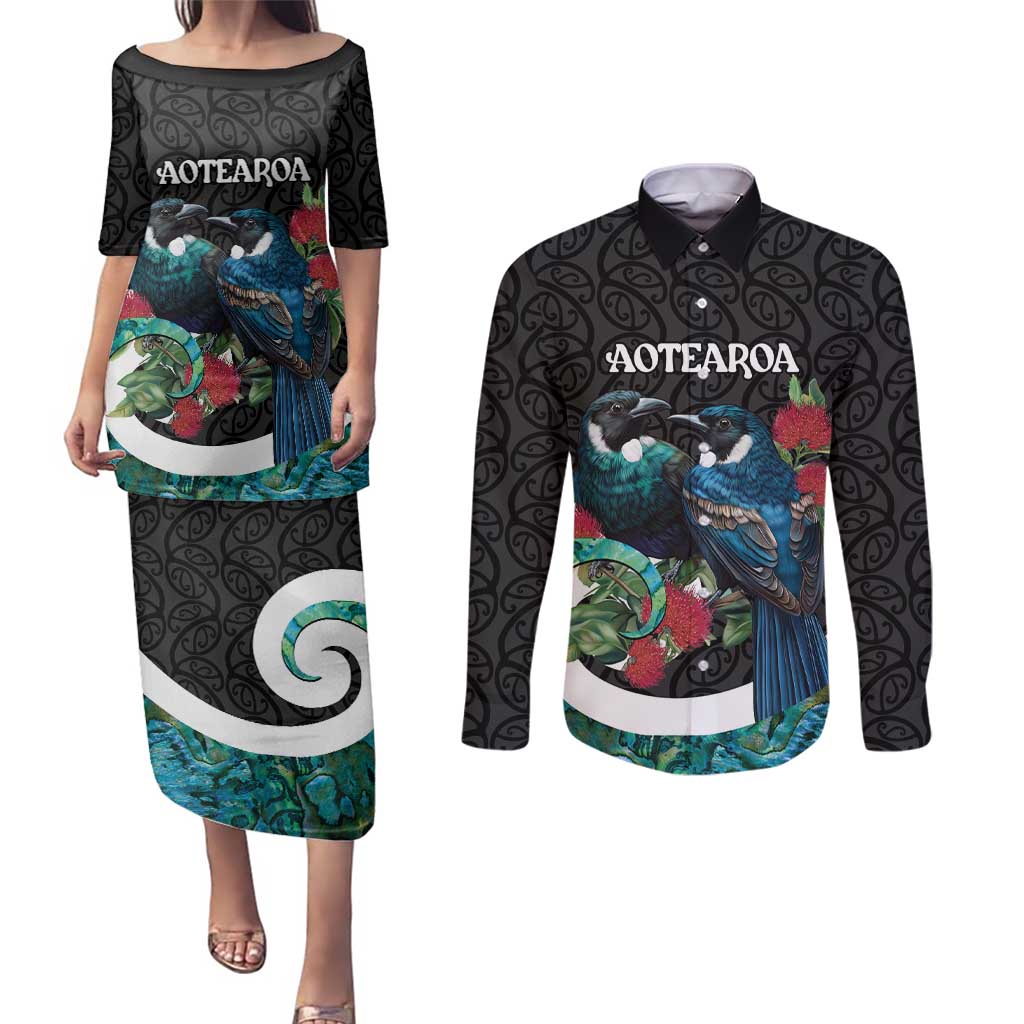 Personalised Valentine's Day New Zealand Couples Matching Puletasi and Long Sleeve Button Shirt Tui Bird Couple Kowhaiwhai Mix Pohutukawa