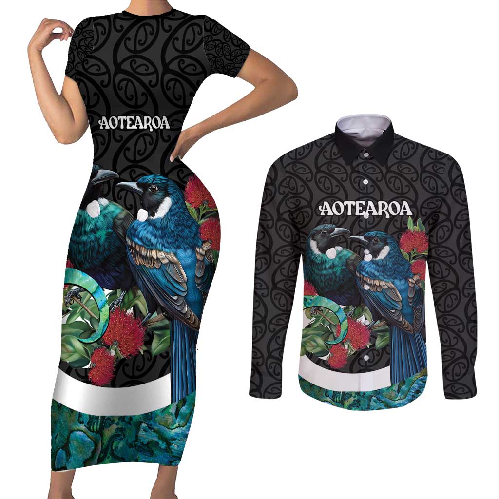 Personalised Valentine's Day New Zealand Couples Matching Short Sleeve Bodycon Dress and Long Sleeve Button Shirt Tui Bird Couple Kowhaiwhai Mix Pohutukawa LT14 Black - Polynesian Pride