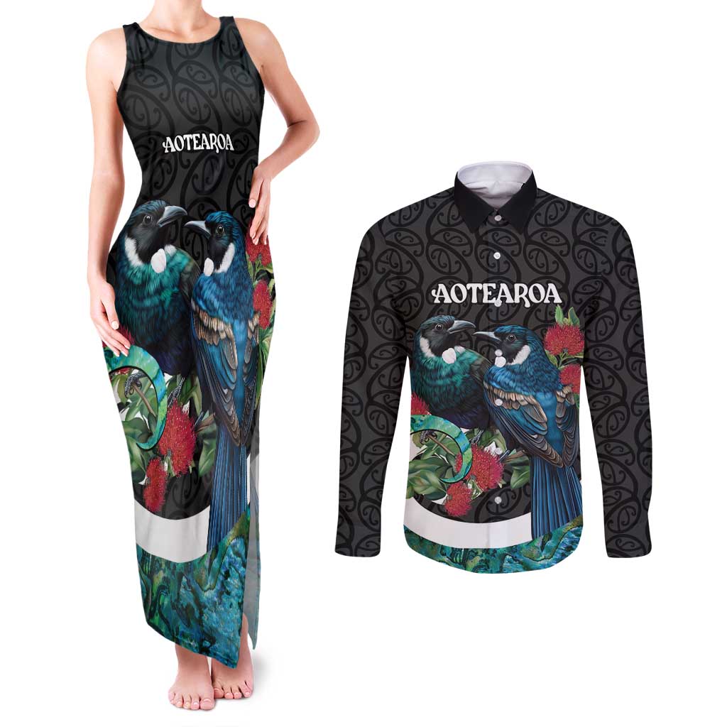 Personalised Valentine's Day New Zealand Couples Matching Tank Maxi Dress and Long Sleeve Button Shirt Tui Bird Couple Kowhaiwhai Mix Pohutukawa