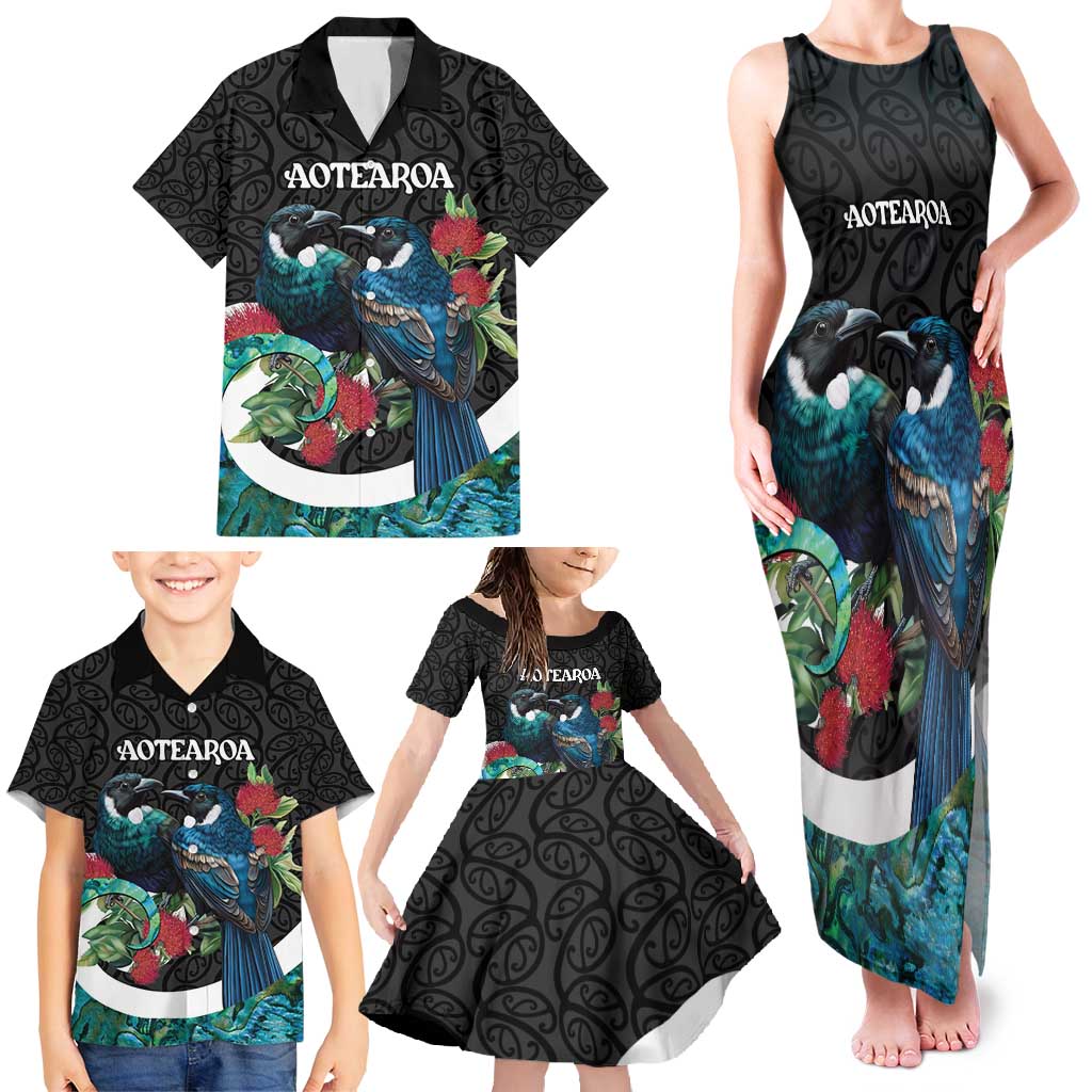 Personalised Valentine's Day New Zealand Family Matching Tank Maxi Dress and Hawaiian Shirt Tui Bird Couple Kowhaiwhai Mix Pohutukawa