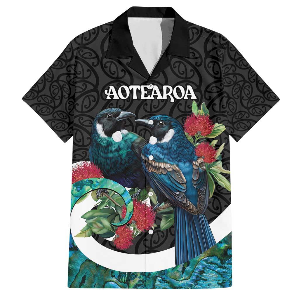 Personalised Valentine's Day New Zealand Hawaiian Shirt Tui Bird Couple Kowhaiwhai Mix Pohutukawa LT14 Black - Polynesian Pride