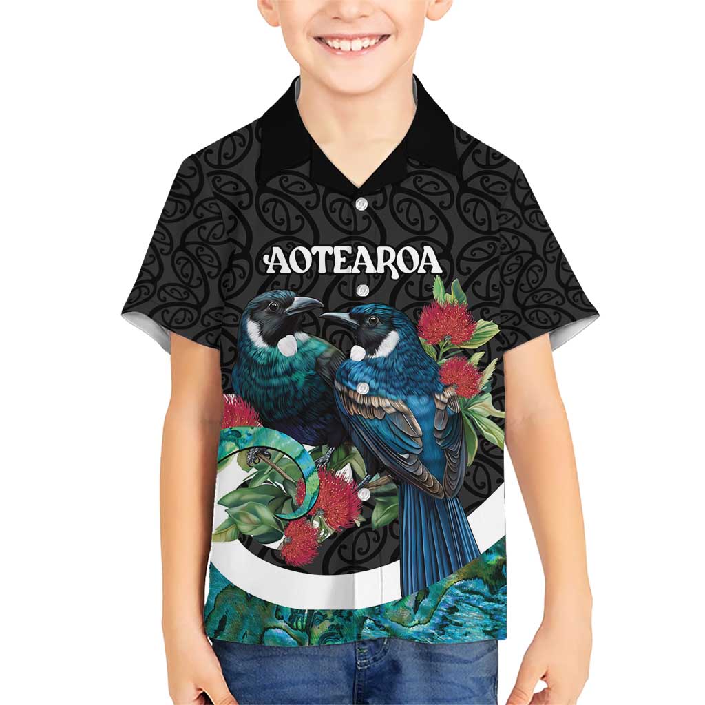 Personalised Valentine's Day New Zealand Kid Hawaiian Shirt Tui Bird Couple Kowhaiwhai Mix Pohutukawa