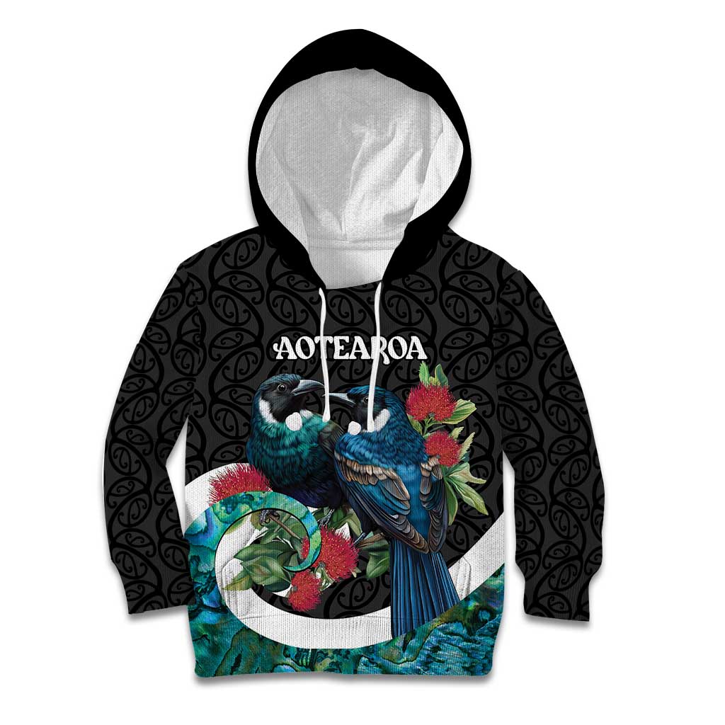 Personalised Valentine's Day New Zealand Kid Hoodie Tui Bird Couple Kowhaiwhai Mix Pohutukawa