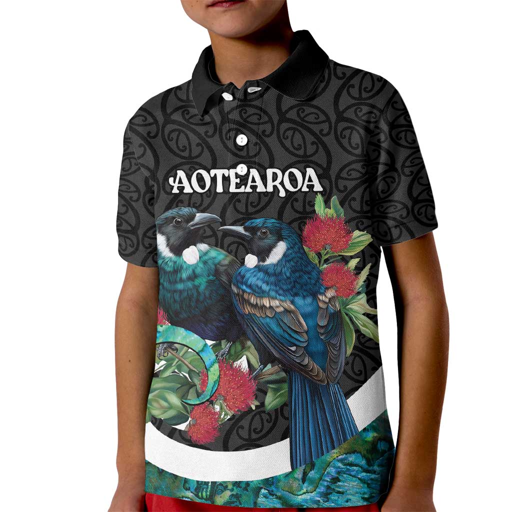 Personalised Valentine's Day New Zealand Kid Polo Shirt Tui Bird Couple Kowhaiwhai Mix Pohutukawa