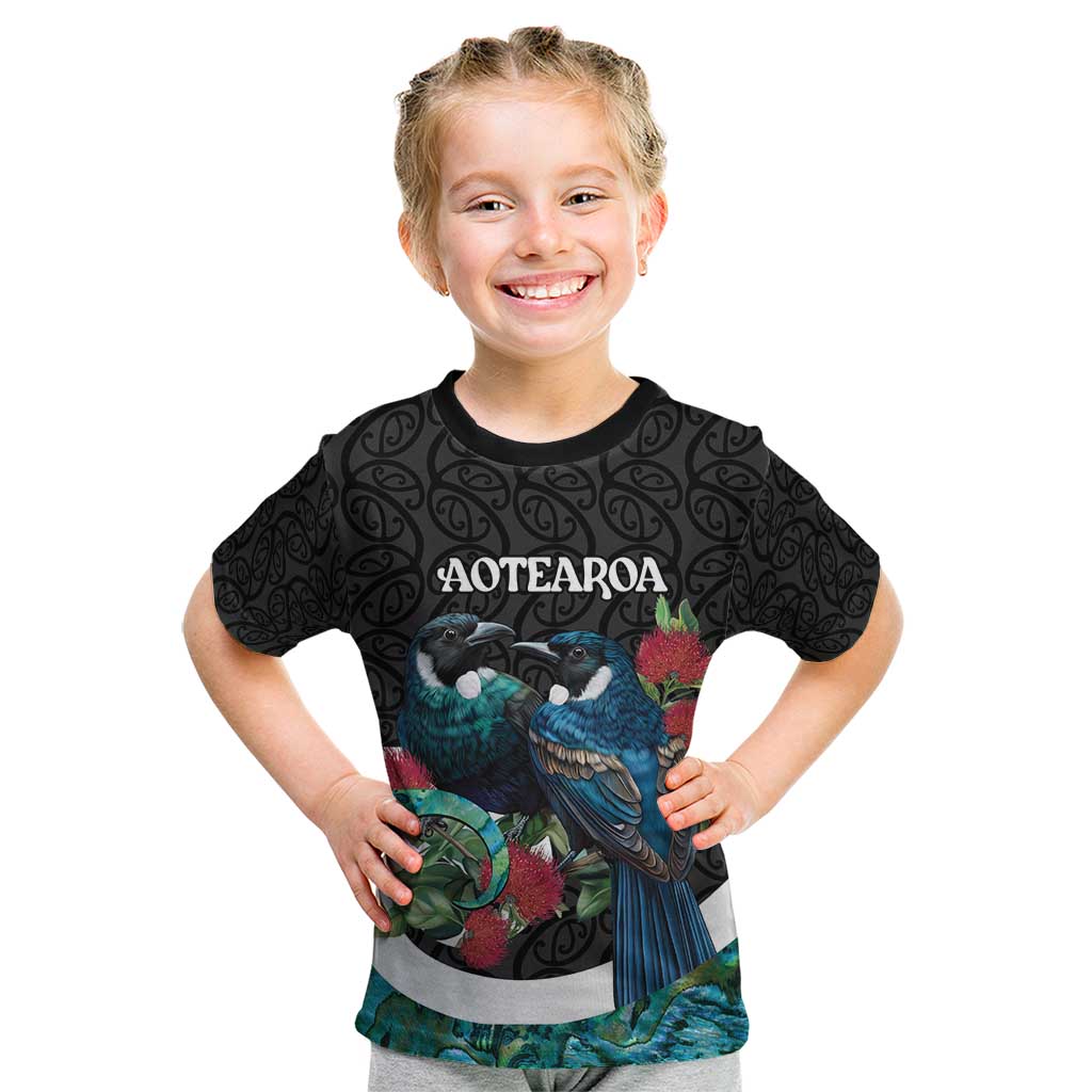 Personalised Valentine's Day New Zealand Kid T Shirt Tui Bird Couple Kowhaiwhai Mix Pohutukawa