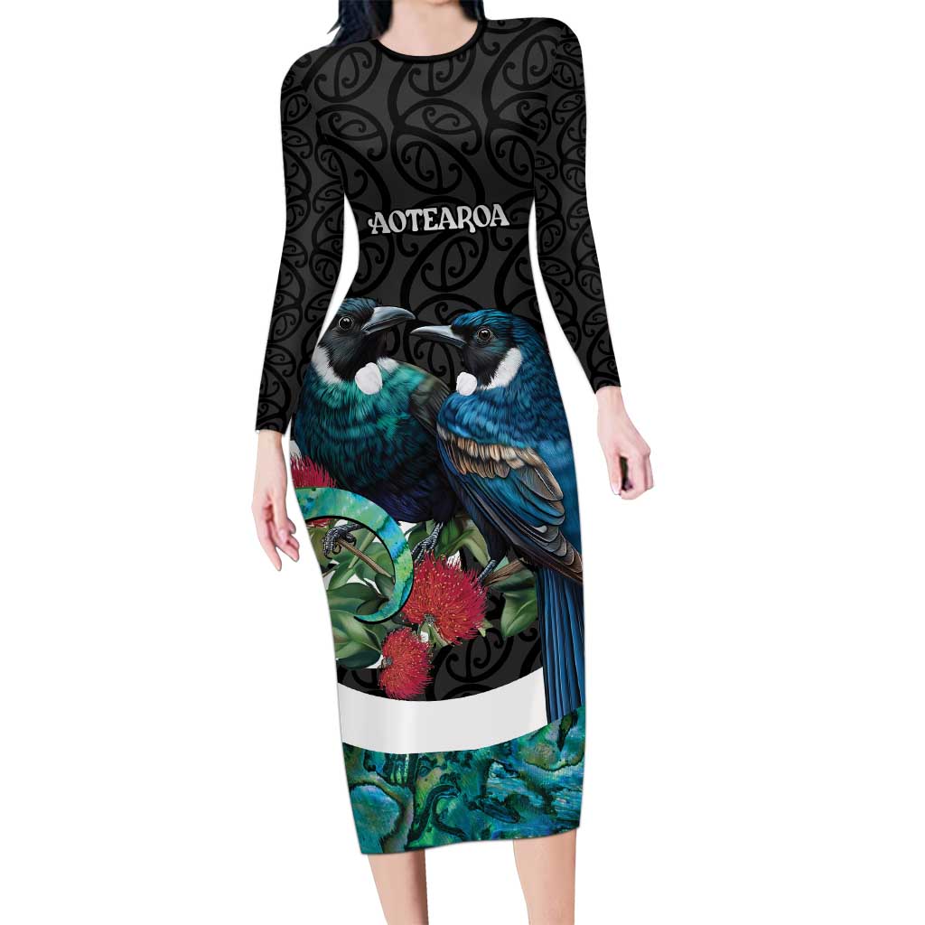 Personalised Valentine's Day New Zealand Long Sleeve Bodycon Dress Tui Bird Couple Kowhaiwhai Mix Pohutukawa