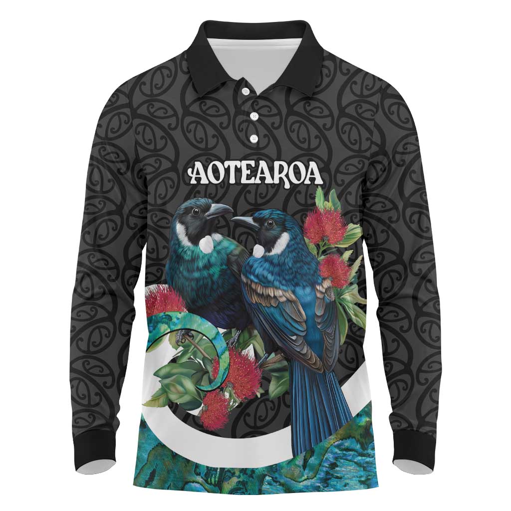 Personalised Valentine's Day New Zealand Long Sleeve Polo Shirt Tui Bird Couple Kowhaiwhai Mix Pohutukawa LT14 Black - Polynesian Pride
