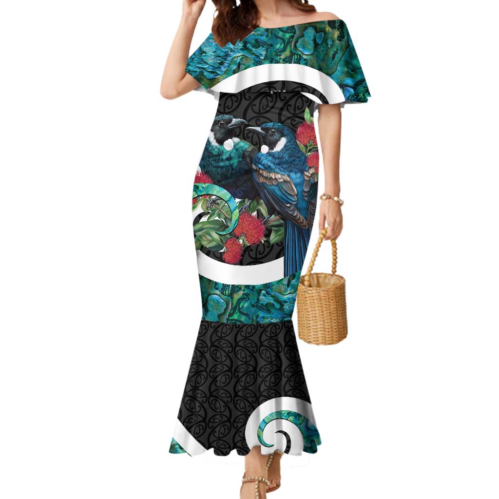 Personalised Valentine's Day New Zealand Mermaid Dress Tui Bird Couple Kowhaiwhai Mix Pohutukawa