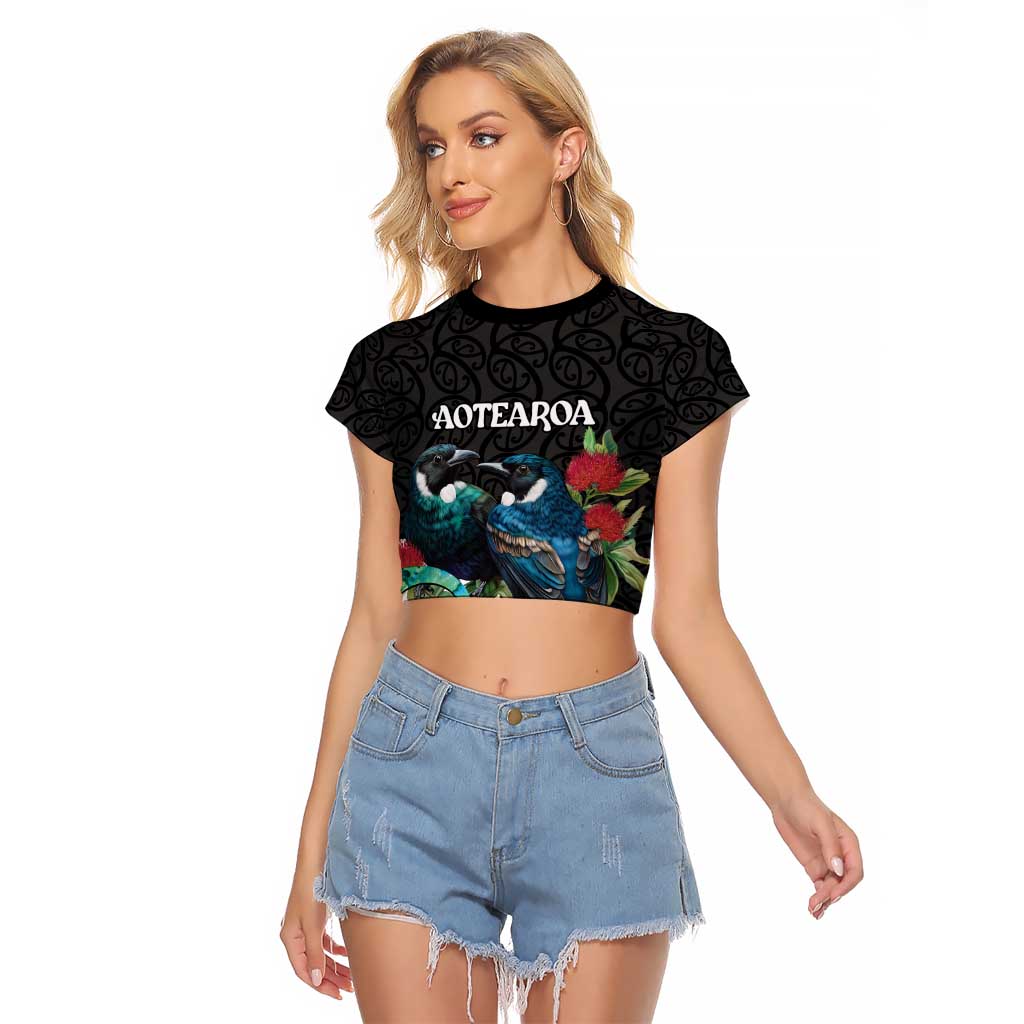 Personalised Valentine's Day New Zealand Raglan Cropped T Shirt Tui Bird Couple Kowhaiwhai Mix Pohutukawa