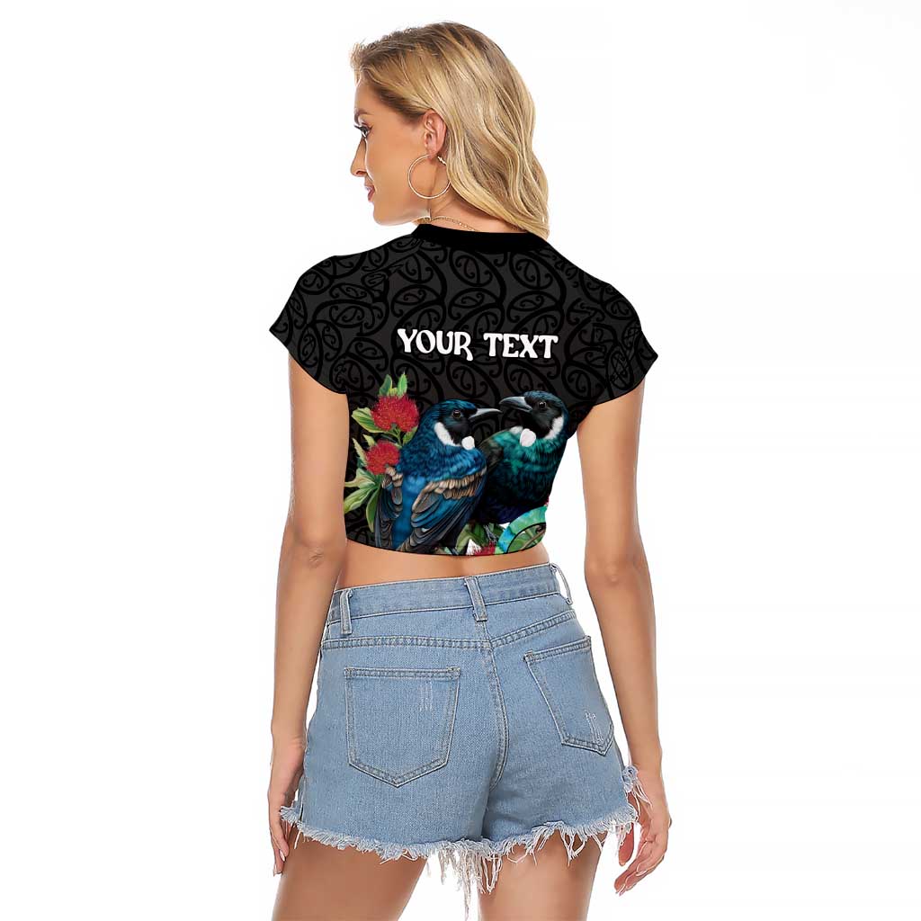 Personalised Valentine's Day New Zealand Raglan Cropped T Shirt Tui Bird Couple Kowhaiwhai Mix Pohutukawa