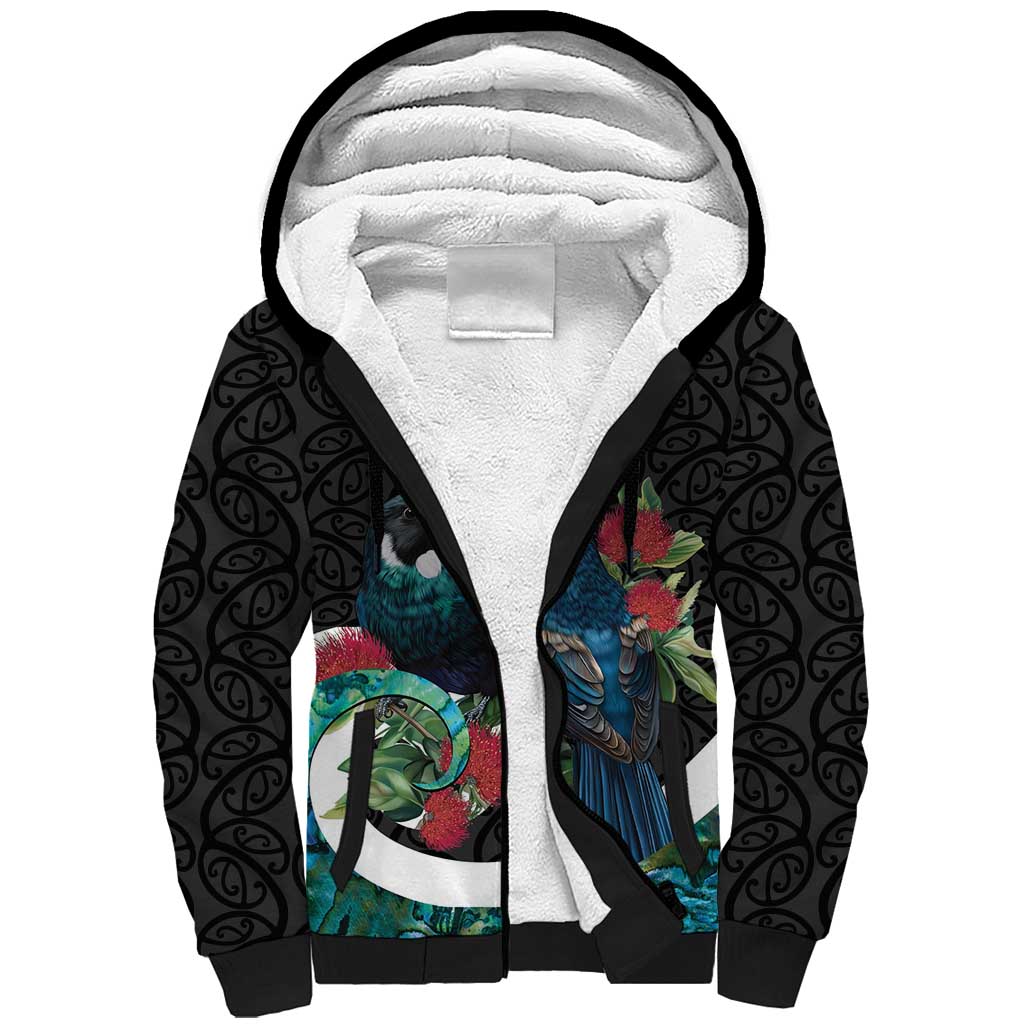 Personalised Valentine's Day New Zealand Sherpa Hoodie Tui Bird Couple Kowhaiwhai Mix Pohutukawa LT14 Unisex Black - Polynesian Pride