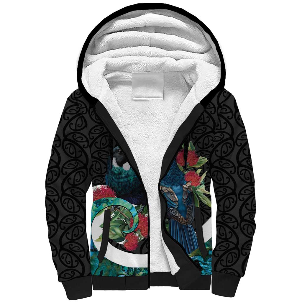 Personalised Valentine's Day New Zealand Sherpa Hoodie Tui Bird Couple Kowhaiwhai Mix Pohutukawa