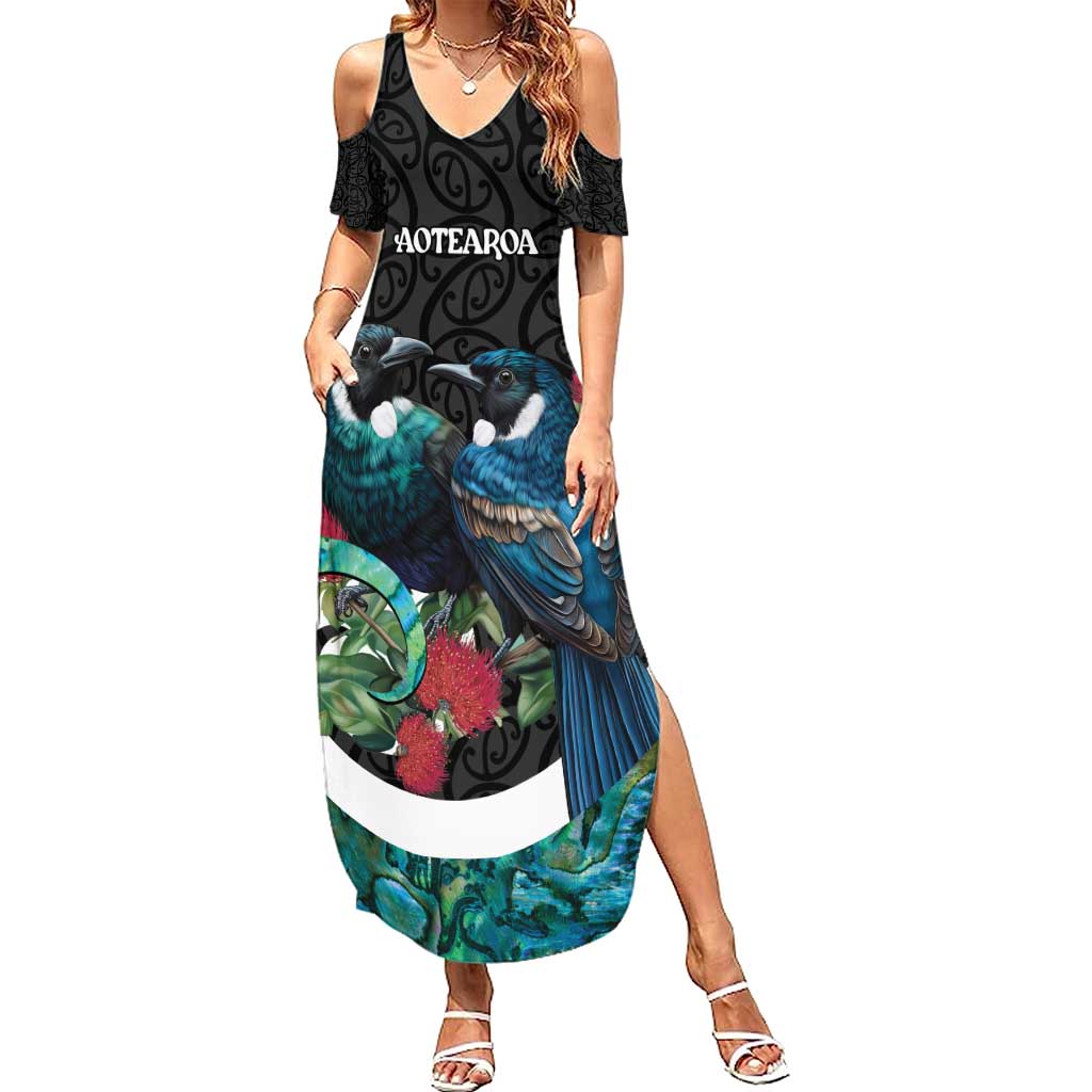 Personalised Valentine's Day New Zealand Summer Maxi Dress Tui Bird Couple Kowhaiwhai Mix Pohutukawa