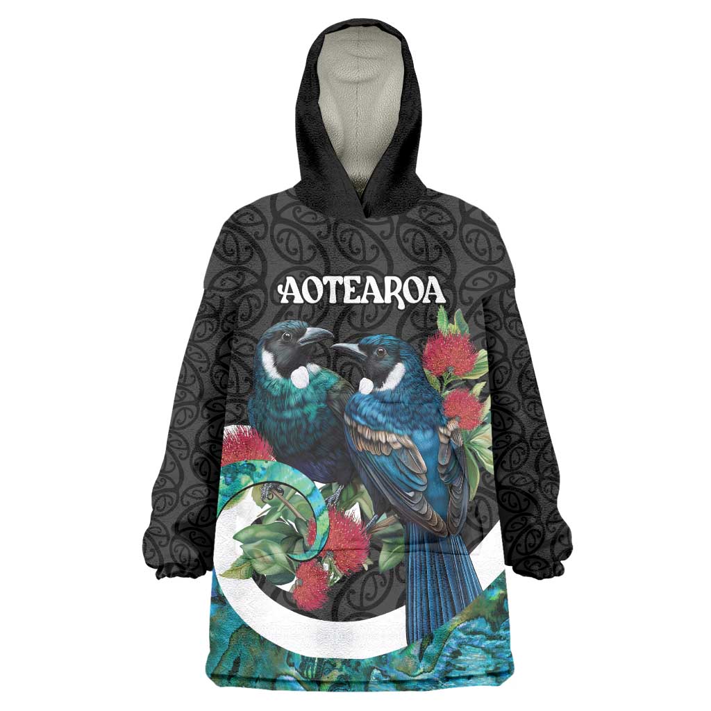 Personalised Valentine's Day New Zealand Wearable Blanket Hoodie Tui Bird Couple Kowhaiwhai Mix Pohutukawa