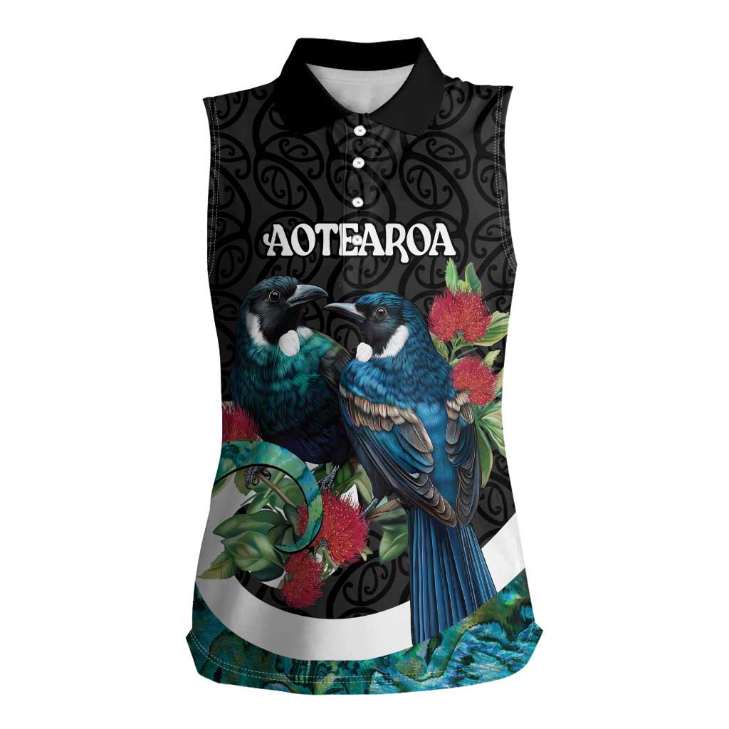 Personalised Valentine's Day New Zealand Women Sleeveless Polo Shirt Tui Bird Couple Kowhaiwhai Mix Pohutukawa