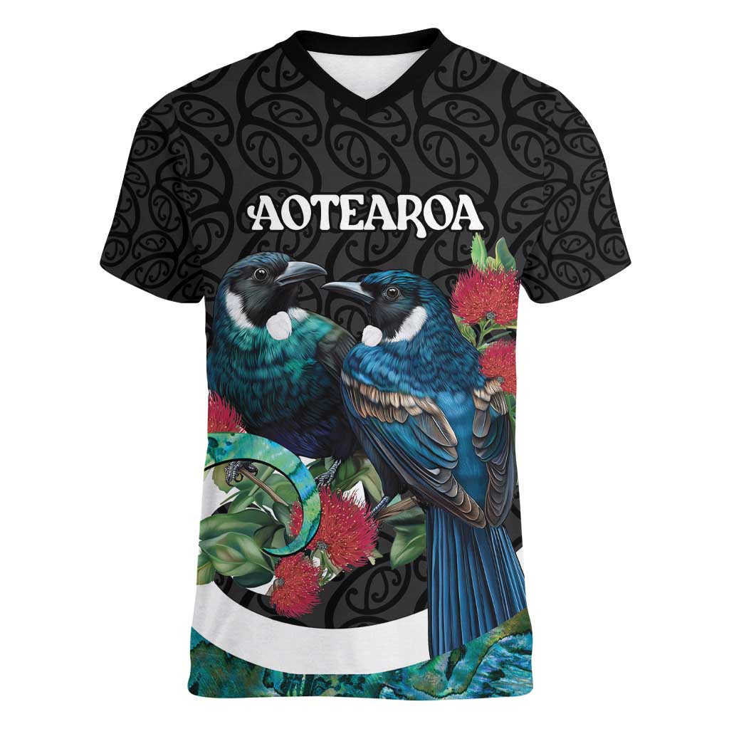 Personalised Valentine's Day New Zealand Women V-Neck T-Shirt Tui Bird Couple Kowhaiwhai Mix Pohutukawa LT14 Female Black - Polynesian Pride
