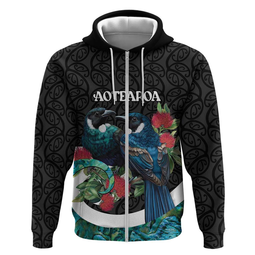 Personalised Valentine's Day New Zealand Zip Hoodie Tui Bird Couple Kowhaiwhai Mix Pohutukawa