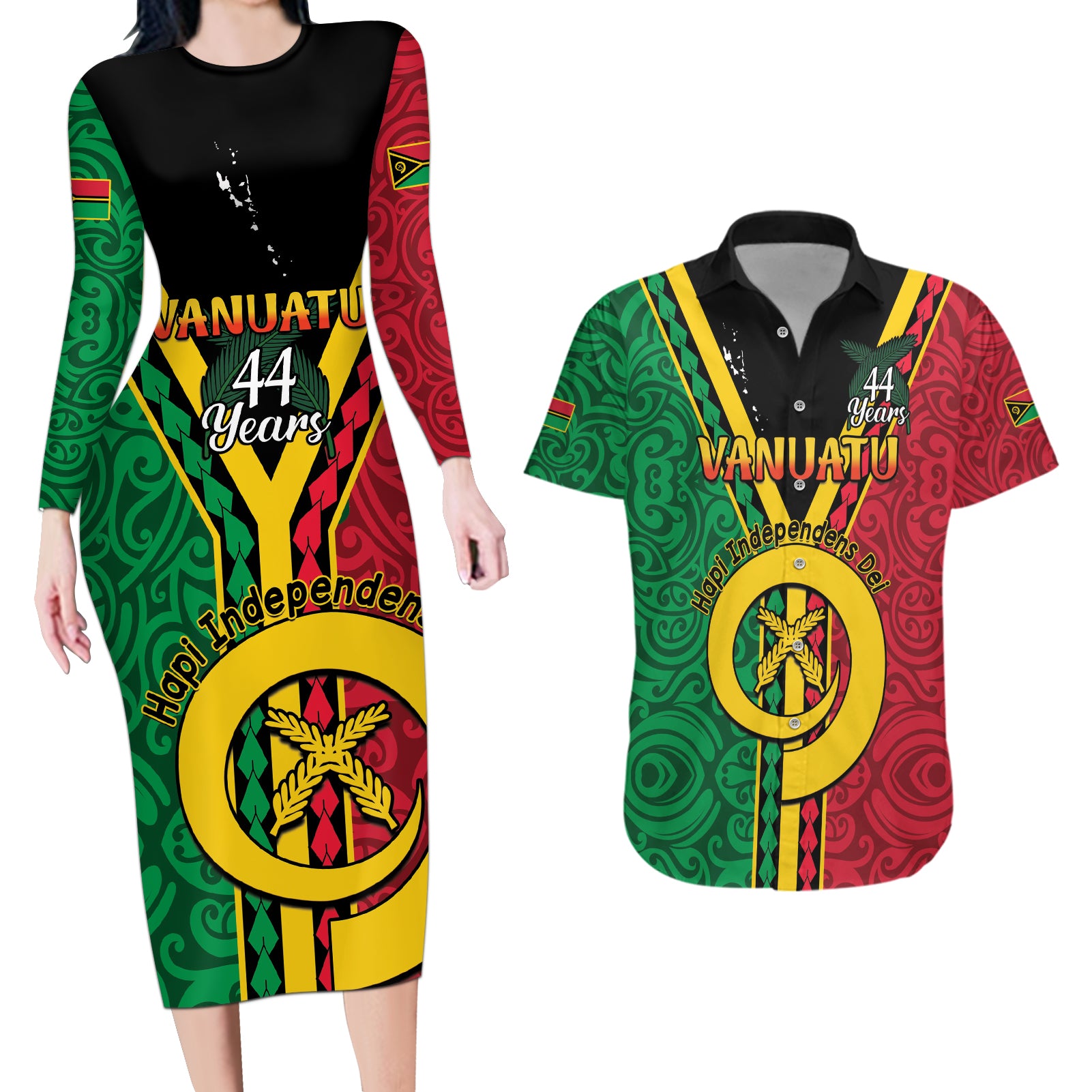 Personalised Hapi Independens Dei Vanuatu Couples Matching Long Sleeve Bodycon Dress and Hawaiian Shirt