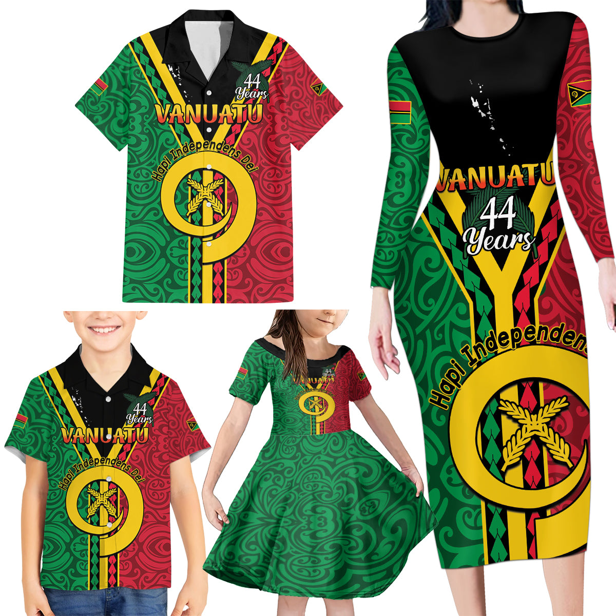 Personalised Hapi Independens Dei Vanuatu Family Matching Long Sleeve Bodycon Dress and Hawaiian Shirt