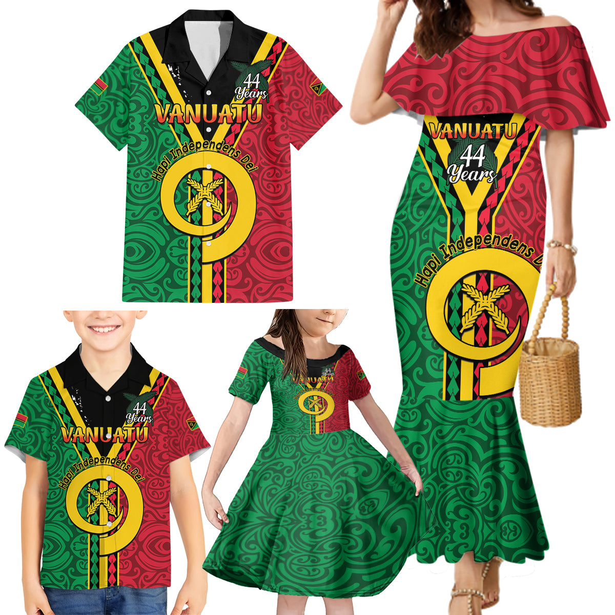 Personalised Hapi Independens Dei Vanuatu Family Matching Mermaid Dress and Hawaiian Shirt