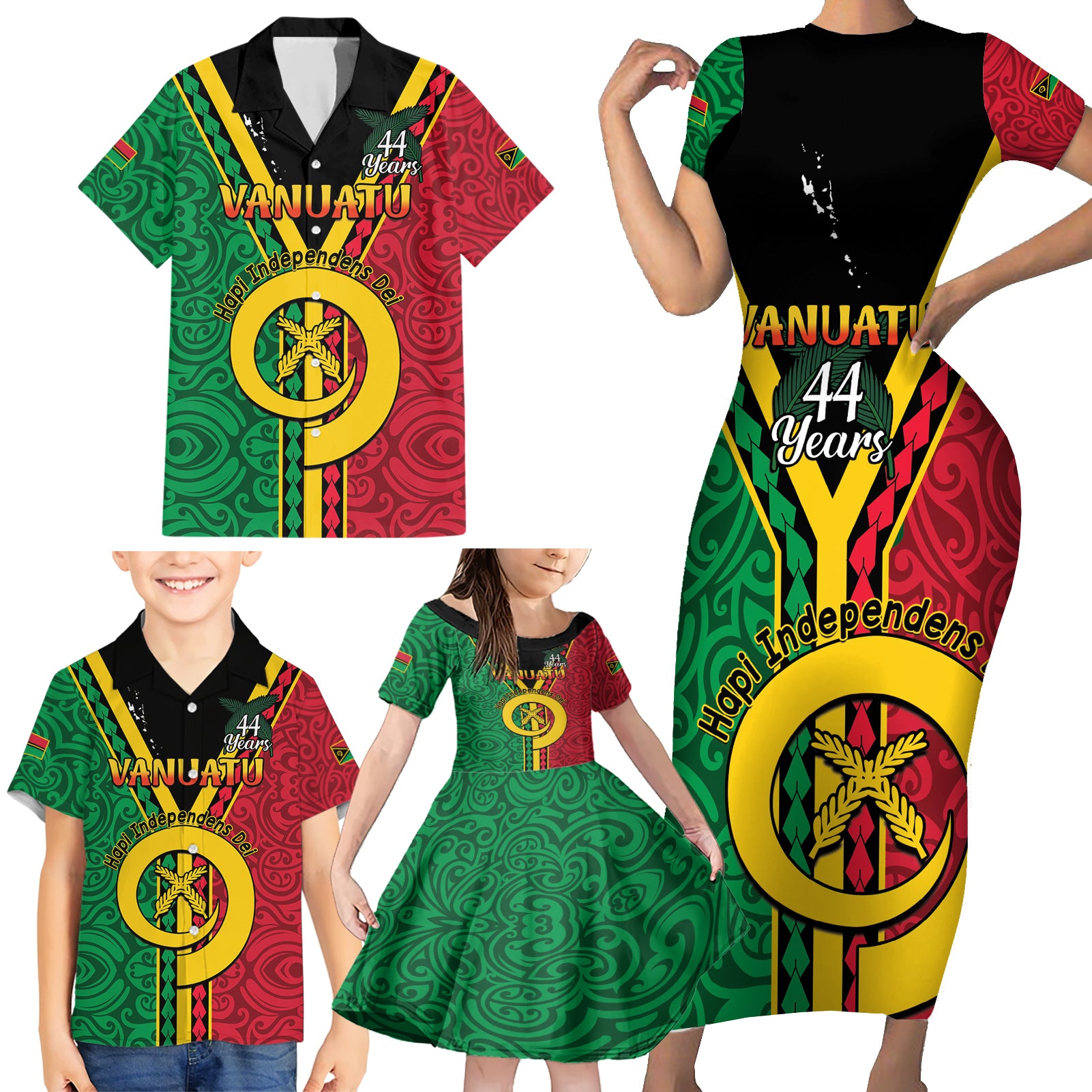 Personalised Hapi Independens Dei Vanuatu Family Matching Short Sleeve Bodycon Dress and Hawaiian Shirt