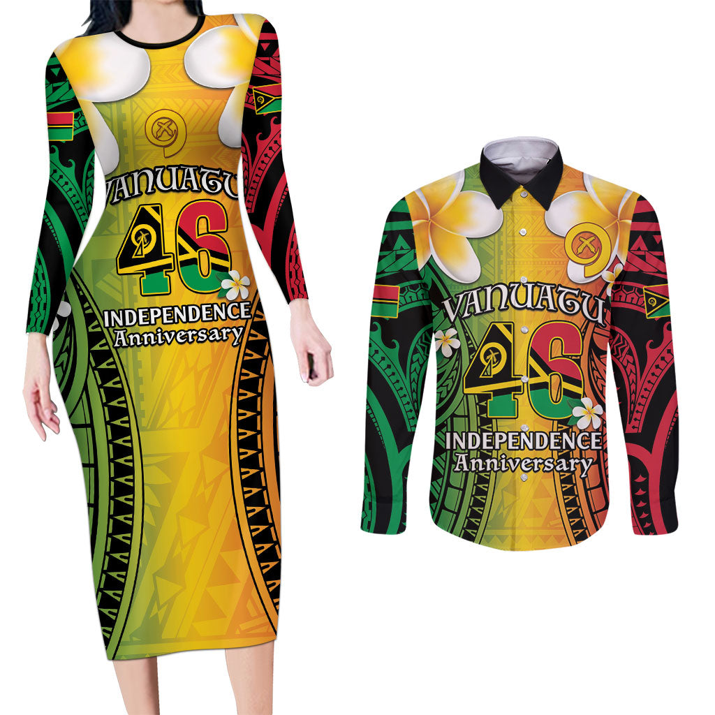 Vanuatu Independence Day Couples Matching Long Sleeve Bodycon Dress and Long Sleeve Button Shirt Long God Yumi Stanap Happy 46th Anniversary LT14 Reggae - Polynesian Pride