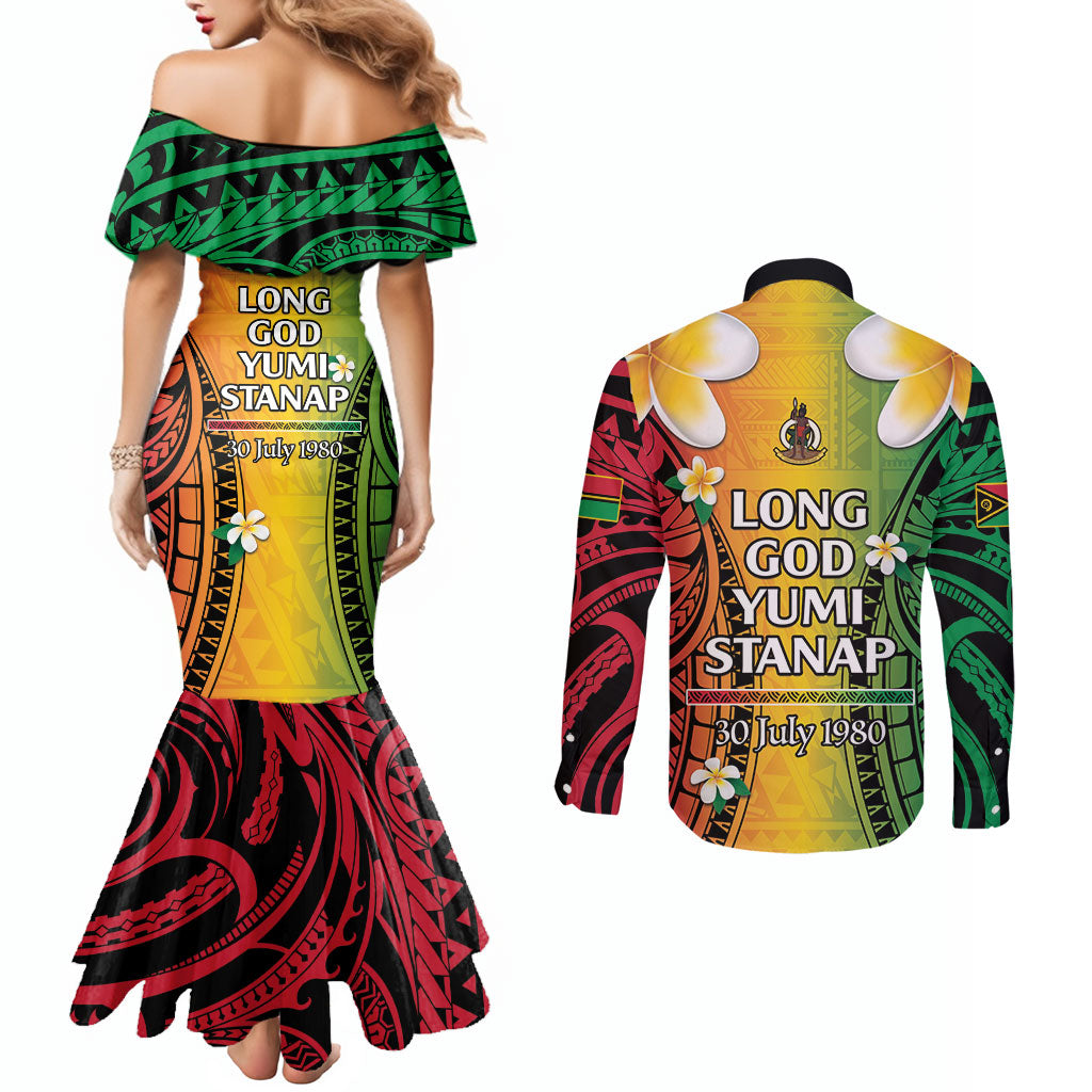 Vanuatu Independence Day Couples Matching Mermaid Dress and Long Sleeve Button Shirt Long God Yumi Stanap Happy 46th Anniversary LT14 - Polynesian Pride