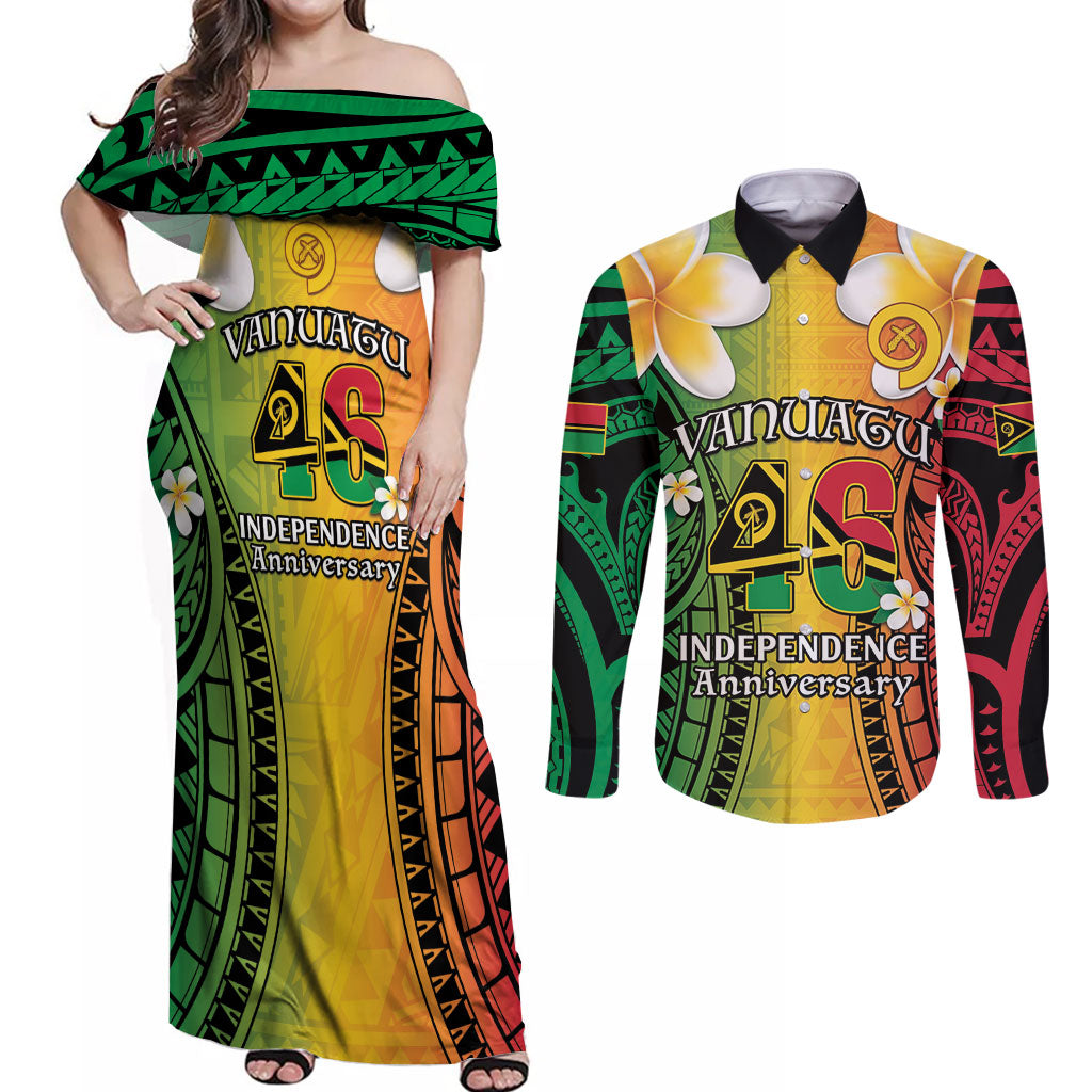 Vanuatu Independence Day Couples Matching Off Shoulder Maxi Dress and Long Sleeve Button Shirt Long God Yumi Stanap Happy 46th Anniversary LT14 Reggae - Polynesian Pride