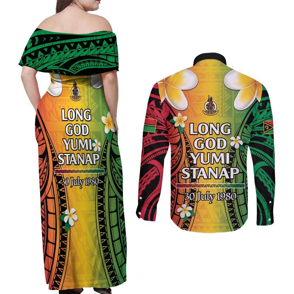 Vanuatu Independence Day Couples Matching Off Shoulder Maxi Dress and Long Sleeve Button Shirt Long God Yumi Stanap Happy 46th Anniversary LT14 - Polynesian Pride