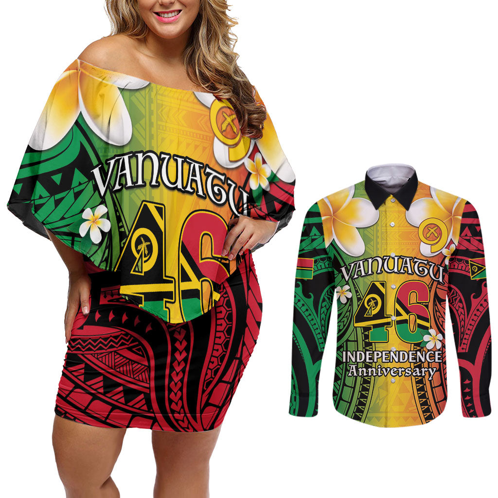 Vanuatu Independence Day Couples Matching Off Shoulder Short Dress and Long Sleeve Button Shirt Long God Yumi Stanap Happy 46th Anniversary LT14 Reggae - Polynesian Pride
