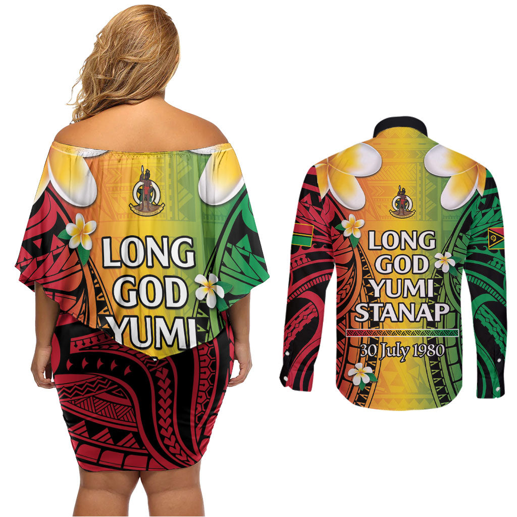 Vanuatu Independence Day Couples Matching Off Shoulder Short Dress and Long Sleeve Button Shirt Long God Yumi Stanap Happy 46th Anniversary LT14 - Polynesian Pride