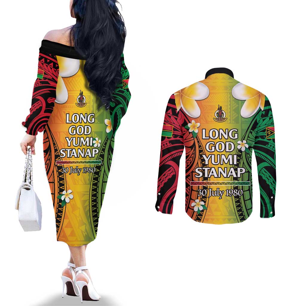 Vanuatu Independence Day Couples Matching Off The Shoulder Long Sleeve Dress and Long Sleeve Button Shirt Long God Yumi Stanap Happy 45th Anniversary LT14