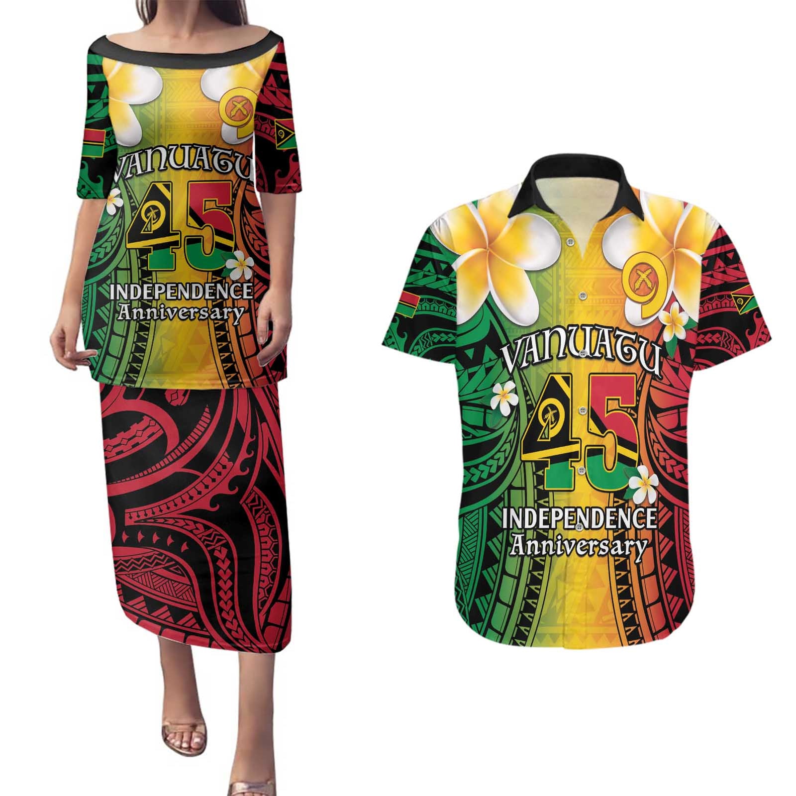Vanuatu Independence Day Couples Matching Puletasi and Hawaiian Shirt Long God Yumi Stanap Happy 45th Anniversary LT14 Reggae - Polynesian Pride