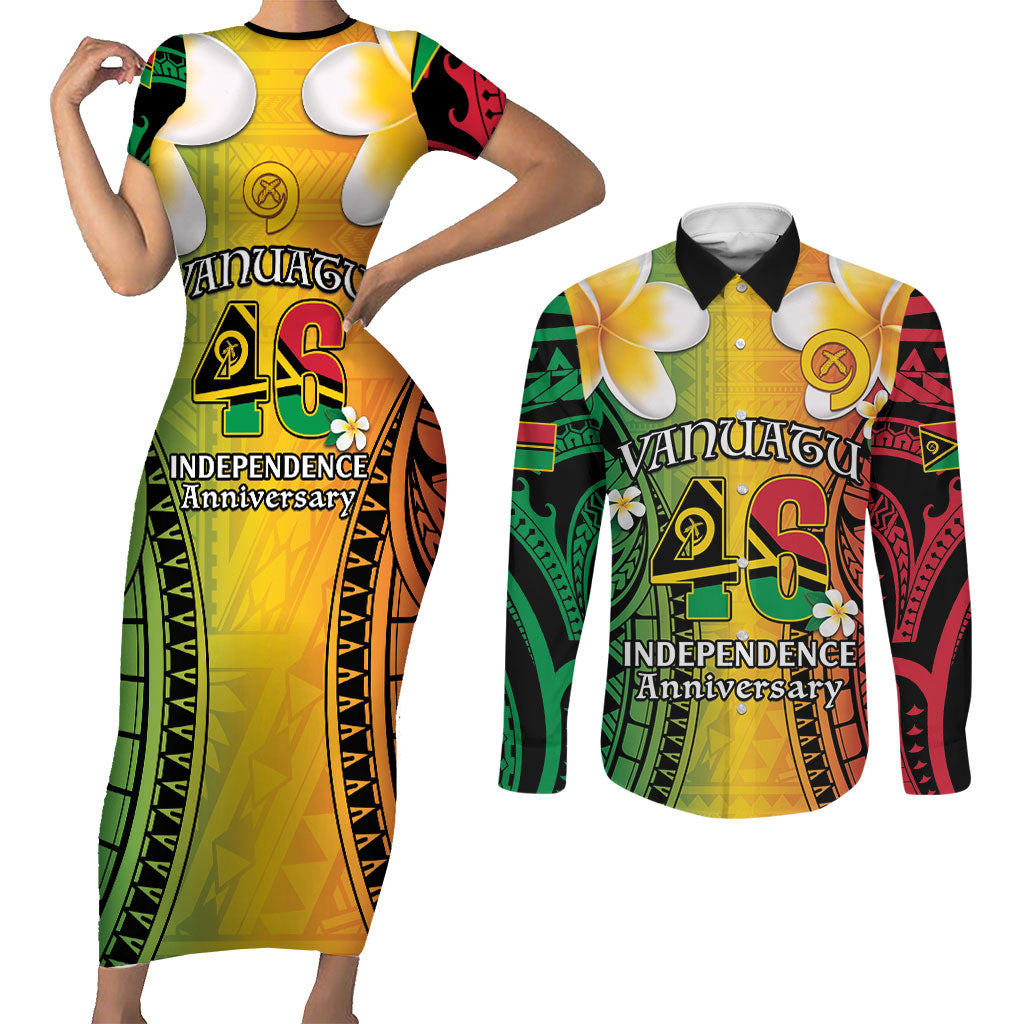Vanuatu Independence Day Couples Matching Short Sleeve Bodycon Dress and Long Sleeve Button Shirt Long God Yumi Stanap Happy 46th Anniversary LT14 Reggae - Polynesian Pride