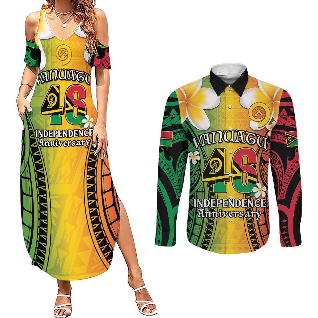 Vanuatu Independence Day Couples Matching Summer Maxi Dress and Long Sleeve Button Shirt Long God Yumi Stanap Happy 46th Anniversary LT14 Reggae - Polynesian Pride