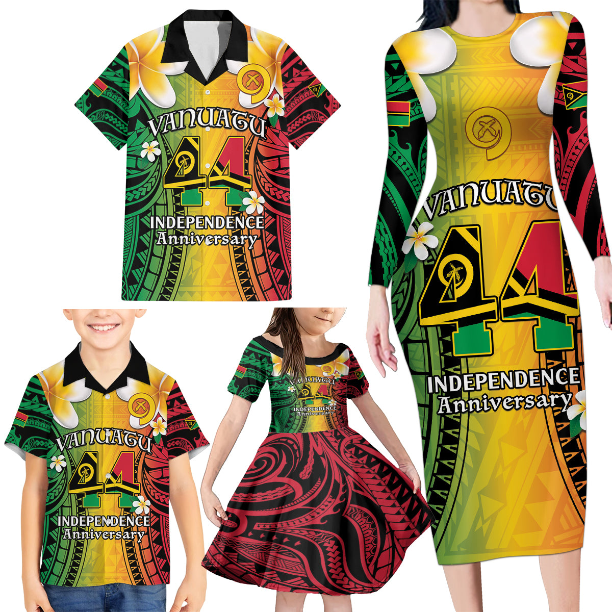 Vanuatu Independence Day Family Matching Long Sleeve Bodycon Dress and Hawaiian Shirt Long God Yumi Stanap Happy 44th Anniversary