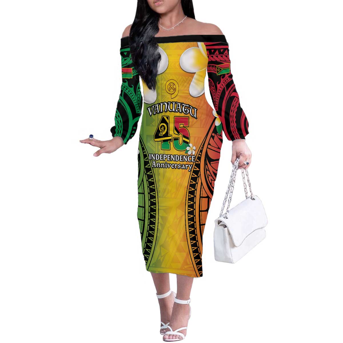 Vanuatu Independence Day Family Matching Off The Shoulder Long Sleeve Dress and Hawaiian Shirt Long God Yumi Stanap Happy 45th Anniversary LT14