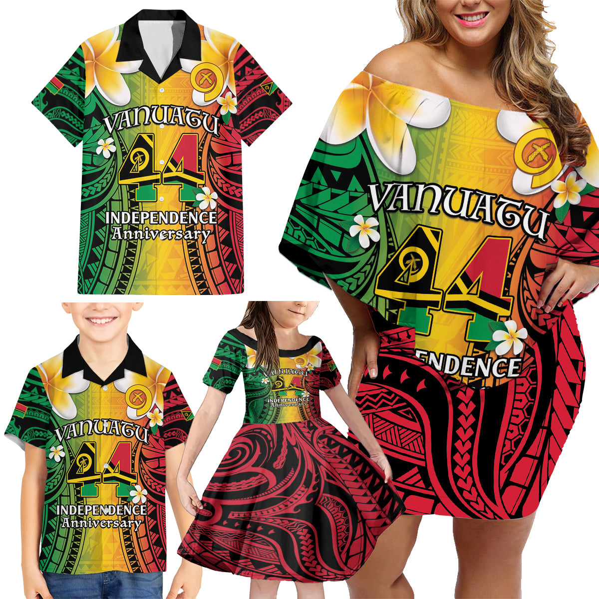 Vanuatu Independence Day Family Matching Off Shoulder Short Dress and Hawaiian Shirt Long God Yumi Stanap Happy 44th Anniversary