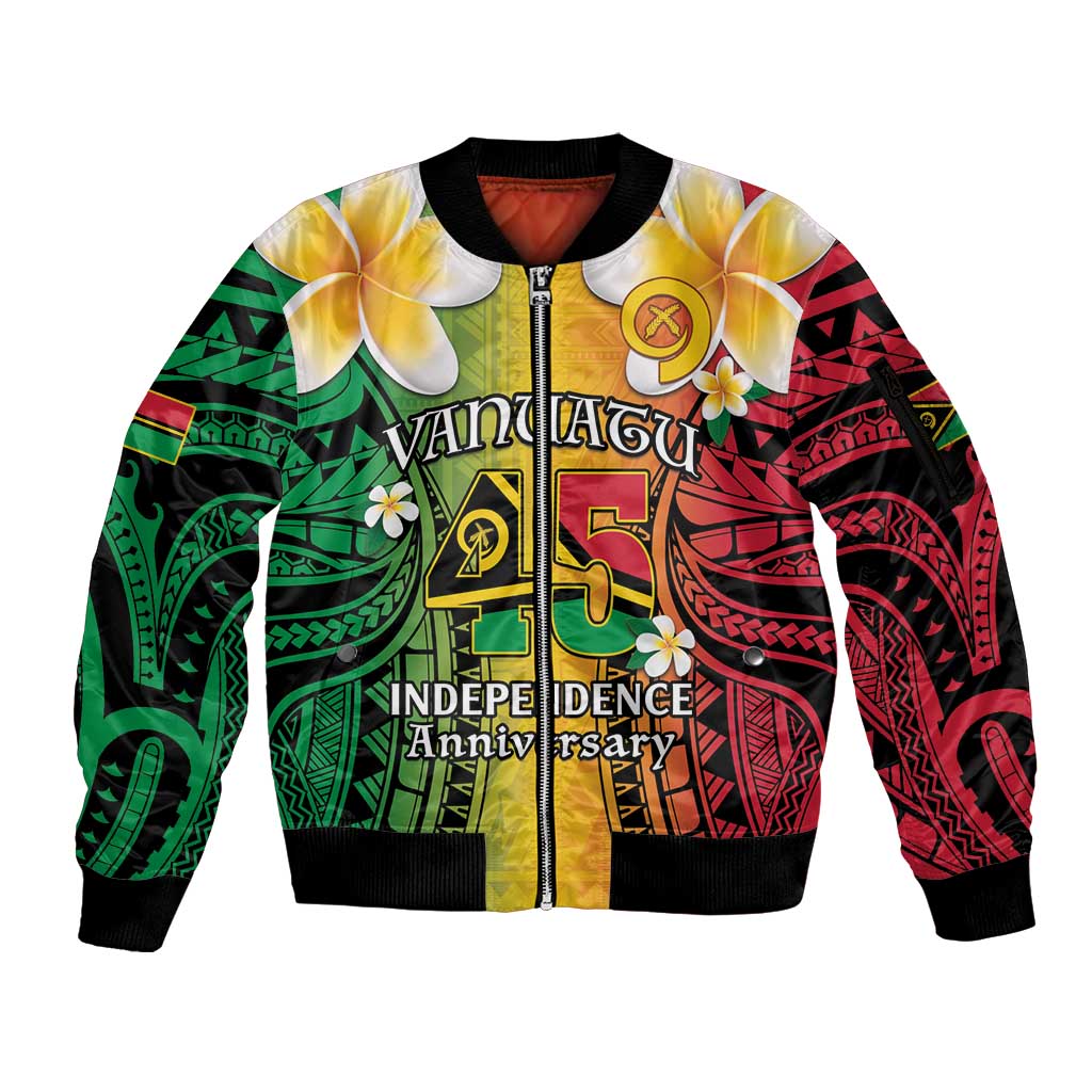 Vanuatu Independence Day Sleeve Zip Bomber Jacket Long God Yumi Stanap Happy 45th Anniversary LT14 Unisex Reggae - Polynesian Pride