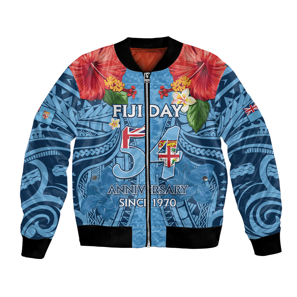 Fiji Day Bomber Jacket Happy 54 Years Of Independence Tapa Pattern Blue