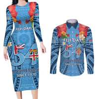 Fiji Day Couples Matching Long Sleeve Bodycon Dress and Long Sleeve Button Shirt Happy 54 Years Of Independence Tapa Pattern Blue