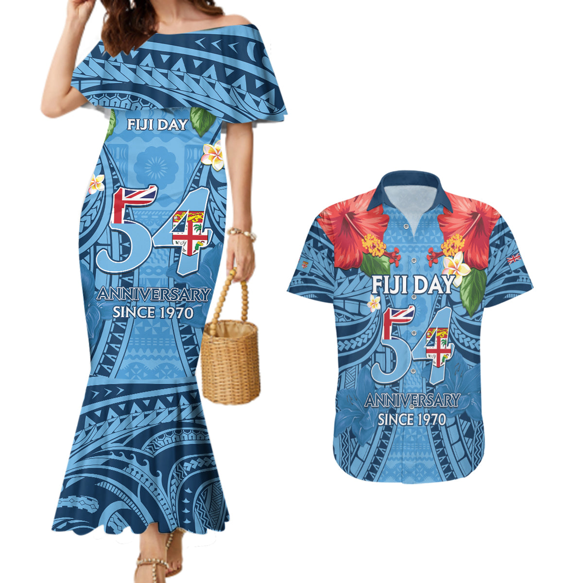 Fiji Day Couples Matching Mermaid Dress and Hawaiian Shirt Happy 54 Years Of Independence Tapa Pattern Blue