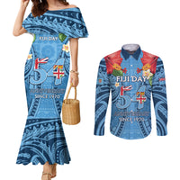 Fiji Day Couples Matching Mermaid Dress and Long Sleeve Button Shirt Happy 54 Years Of Independence Tapa Pattern Blue