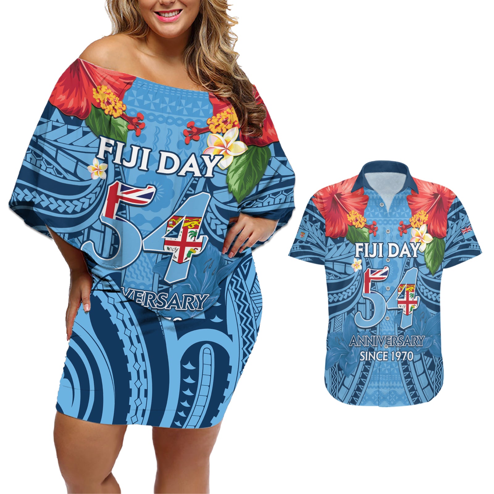 Fiji Day Couples Matching Off Shoulder Short Dress and Hawaiian Shirt Happy 54 Years Of Independence Tapa Pattern Blue