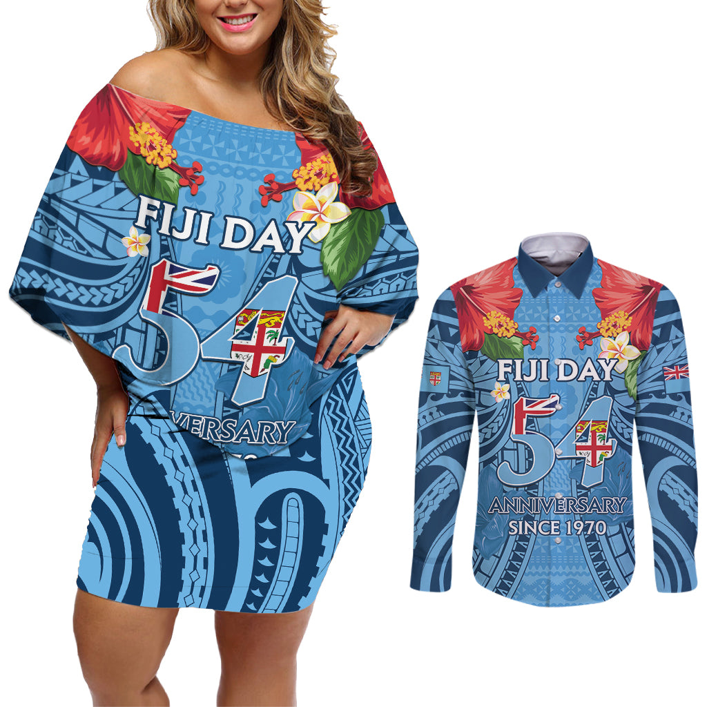 Fiji Day Couples Matching Off Shoulder Short Dress and Long Sleeve Button Shirt Happy 54 Years Of Independence Tapa Pattern Blue