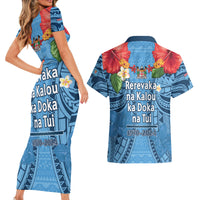 Fiji Day Couples Matching Short Sleeve Bodycon Dress and Hawaiian Shirt Happy 54 Years Of Independence Tapa Pattern Blue