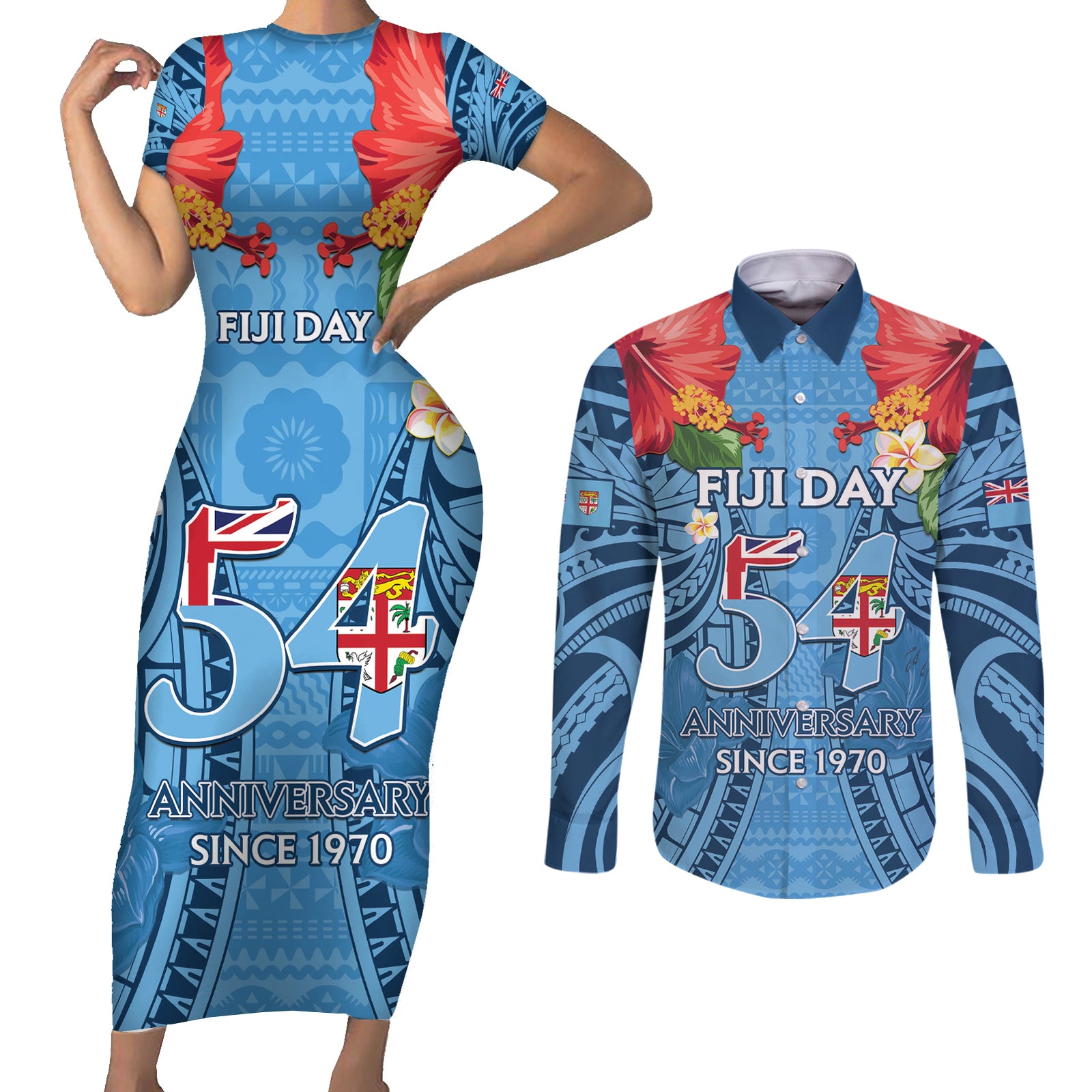 Fiji Day Couples Matching Short Sleeve Bodycon Dress and Long Sleeve Button Shirt Happy 54 Years Of Independence Tapa Pattern Blue