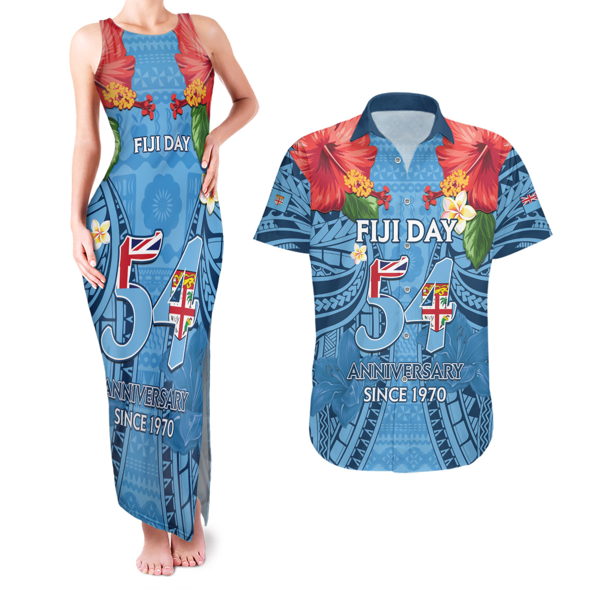 Fiji Day Couples Matching Tank Maxi Dress and Hawaiian Shirt Happy 54 Years Of Independence Tapa Pattern Blue