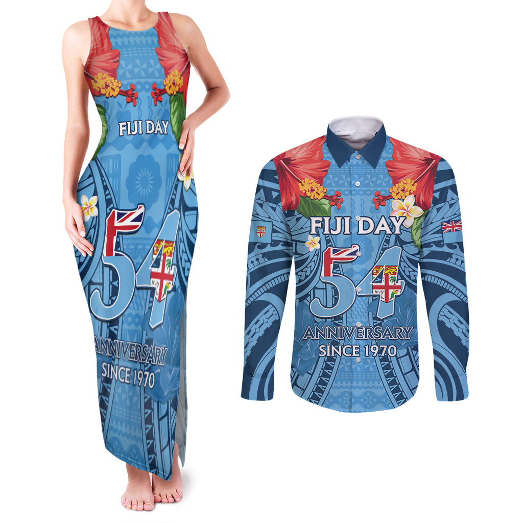 Fiji Day Couples Matching Tank Maxi Dress and Long Sleeve Button Shirt Happy 54 Years Of Independence Tapa Pattern Blue